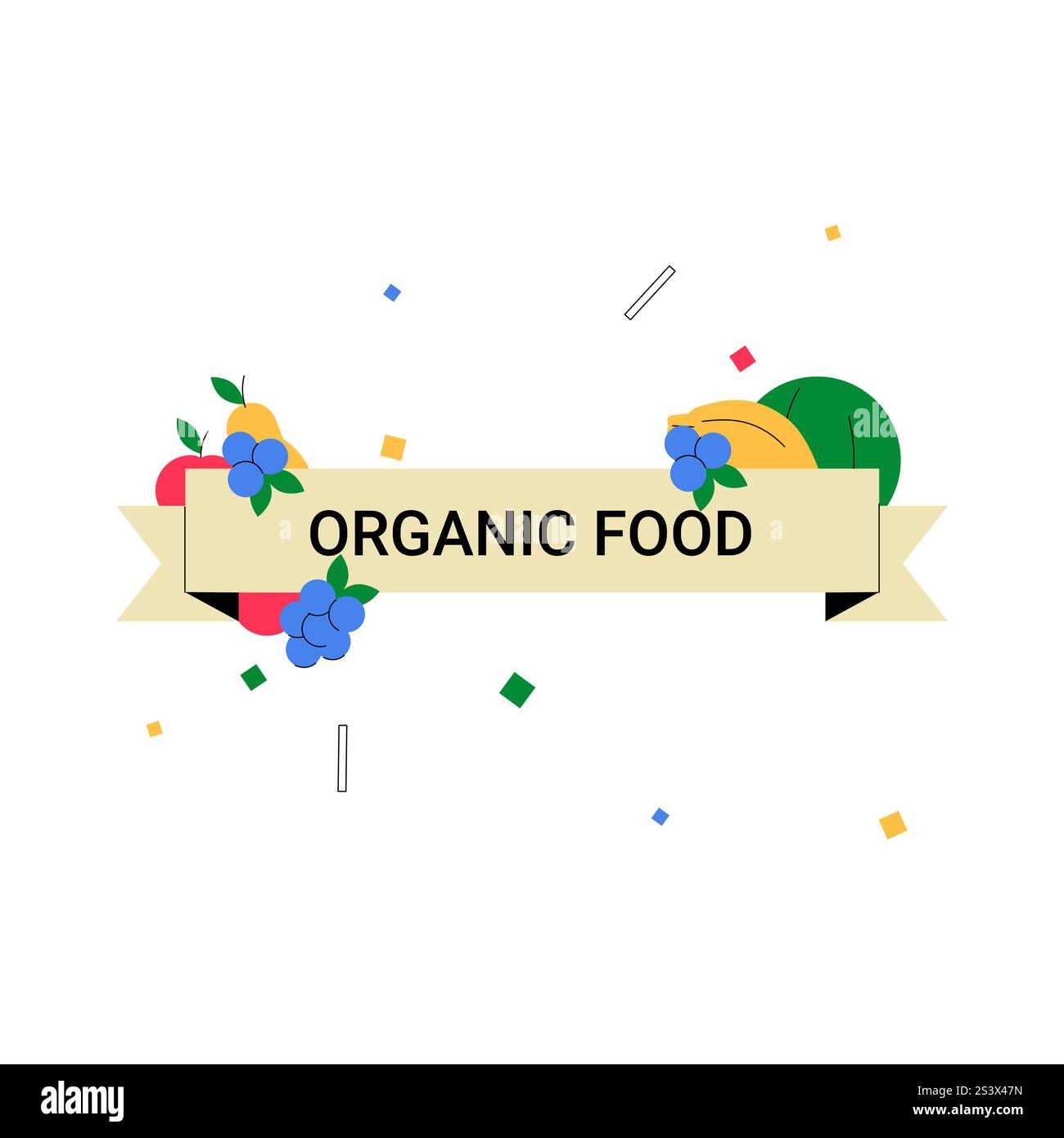 Organic Food Label With Fruits And Banner In Flat Vector Illustration ...