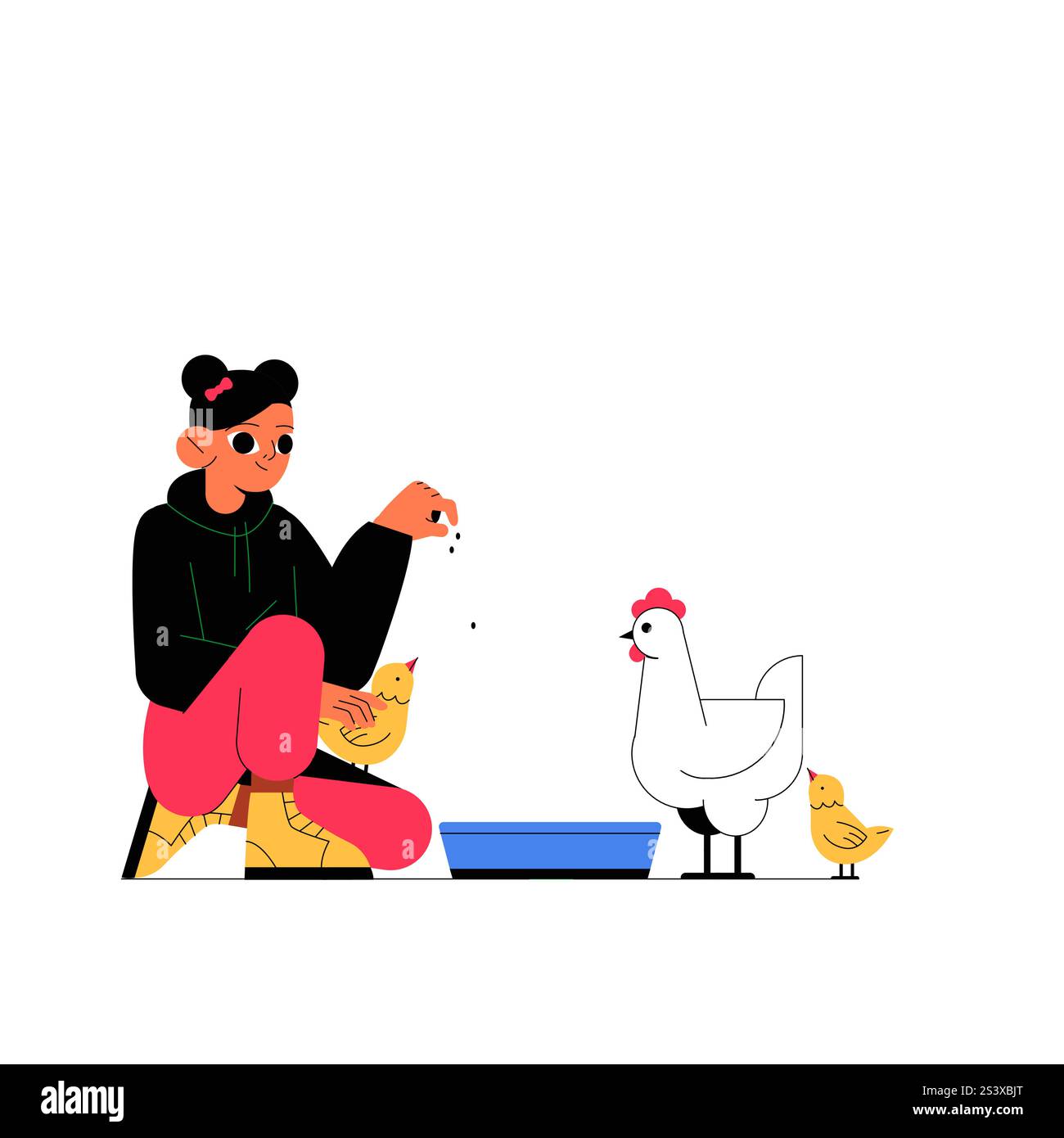 Female Character Feeding Chickens In Flat Vector Illustration ...