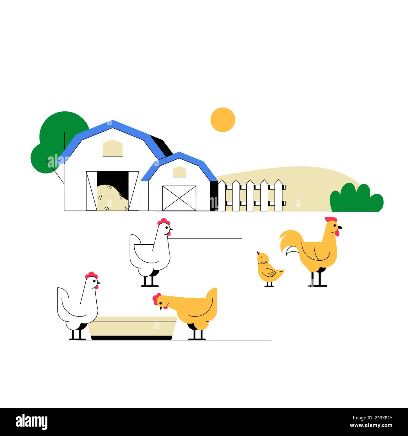 Farm Scene With Chickens In Flat Vector Illustration Symbolizing ...