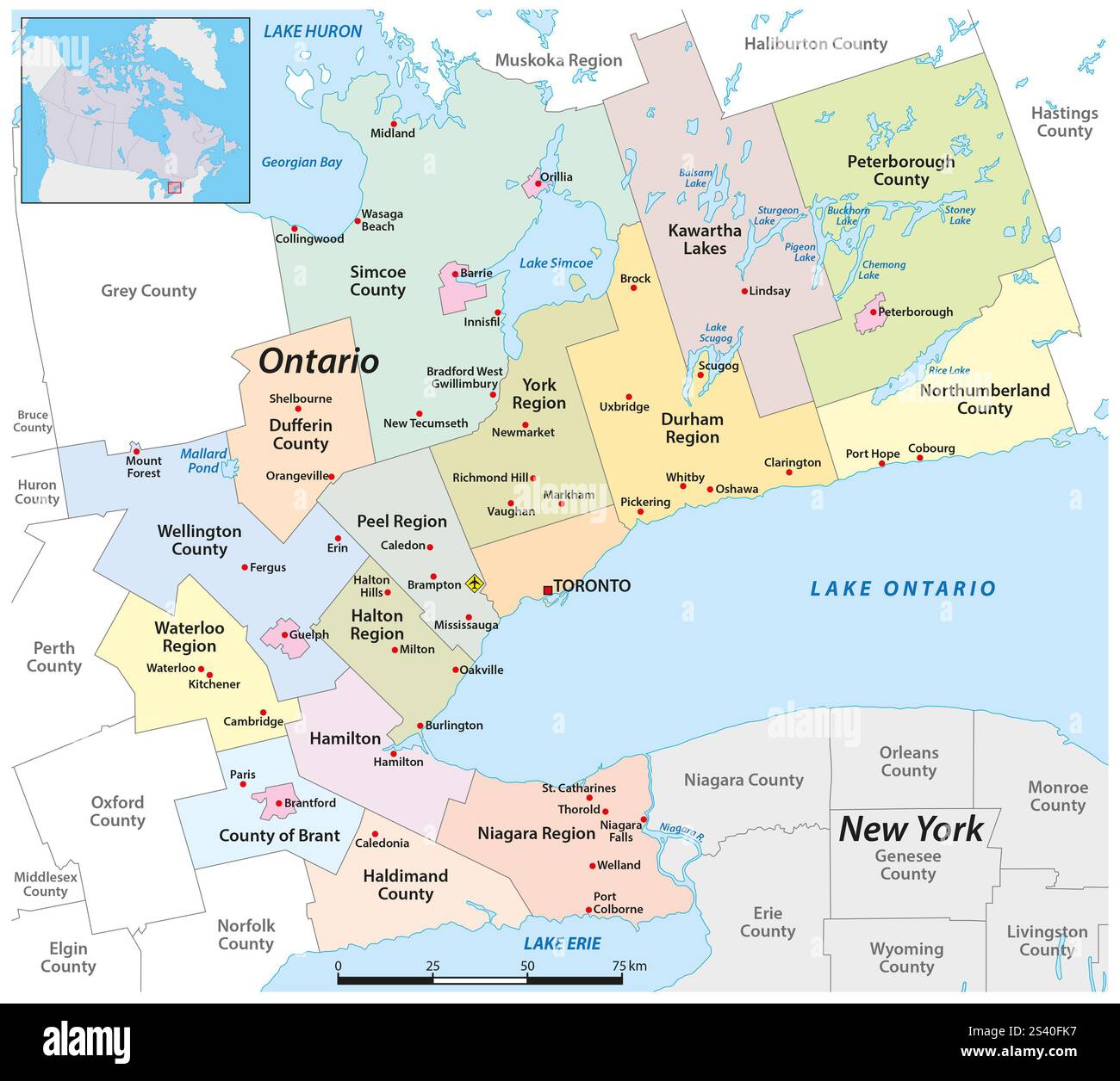 Administrative Map of the Golden Horseshoe metropolitan area, Ontario, Canada Stock Photo
