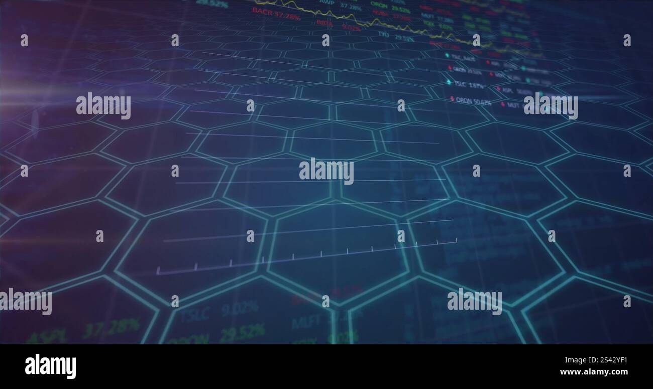 Image of financial data processing over network of hexagons Stock Photo