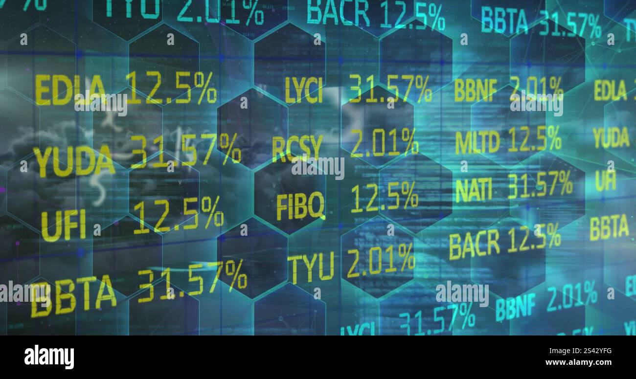 Image of financial data processing over network of hexagons Stock Photo