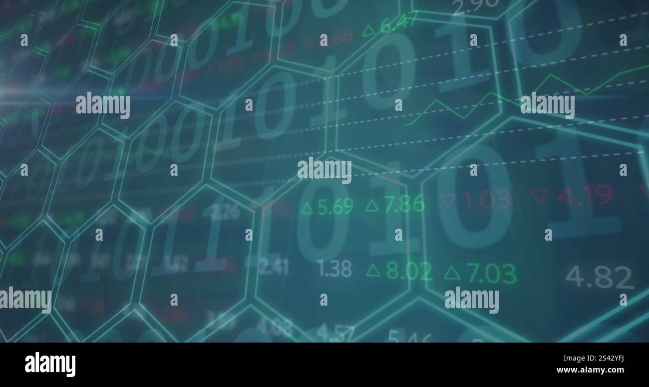 Image of binary coding financial data processing over network of hexagons Stock Photo