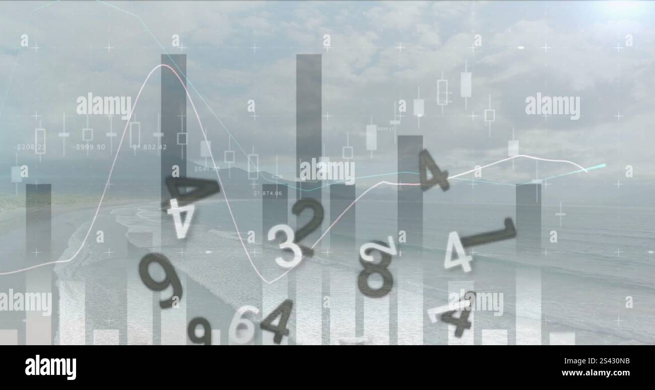 Image of graphs and processing data over sky and landscape Stock Photo