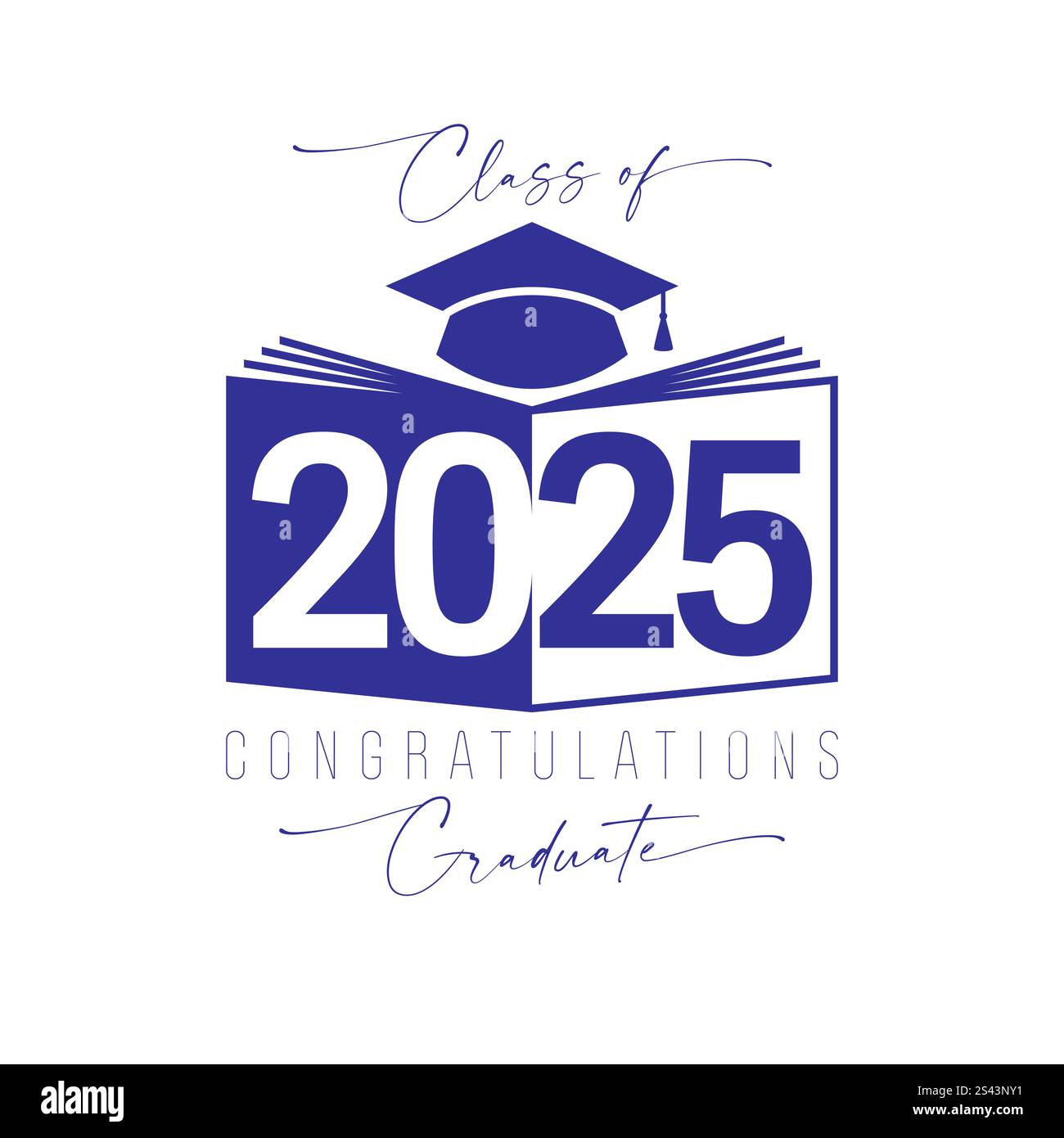 Educational icon for 2025 graduates with open book, creative number and motarboard cap. Blue and white colors. Handwriting style typography. T shirt Stock Vector