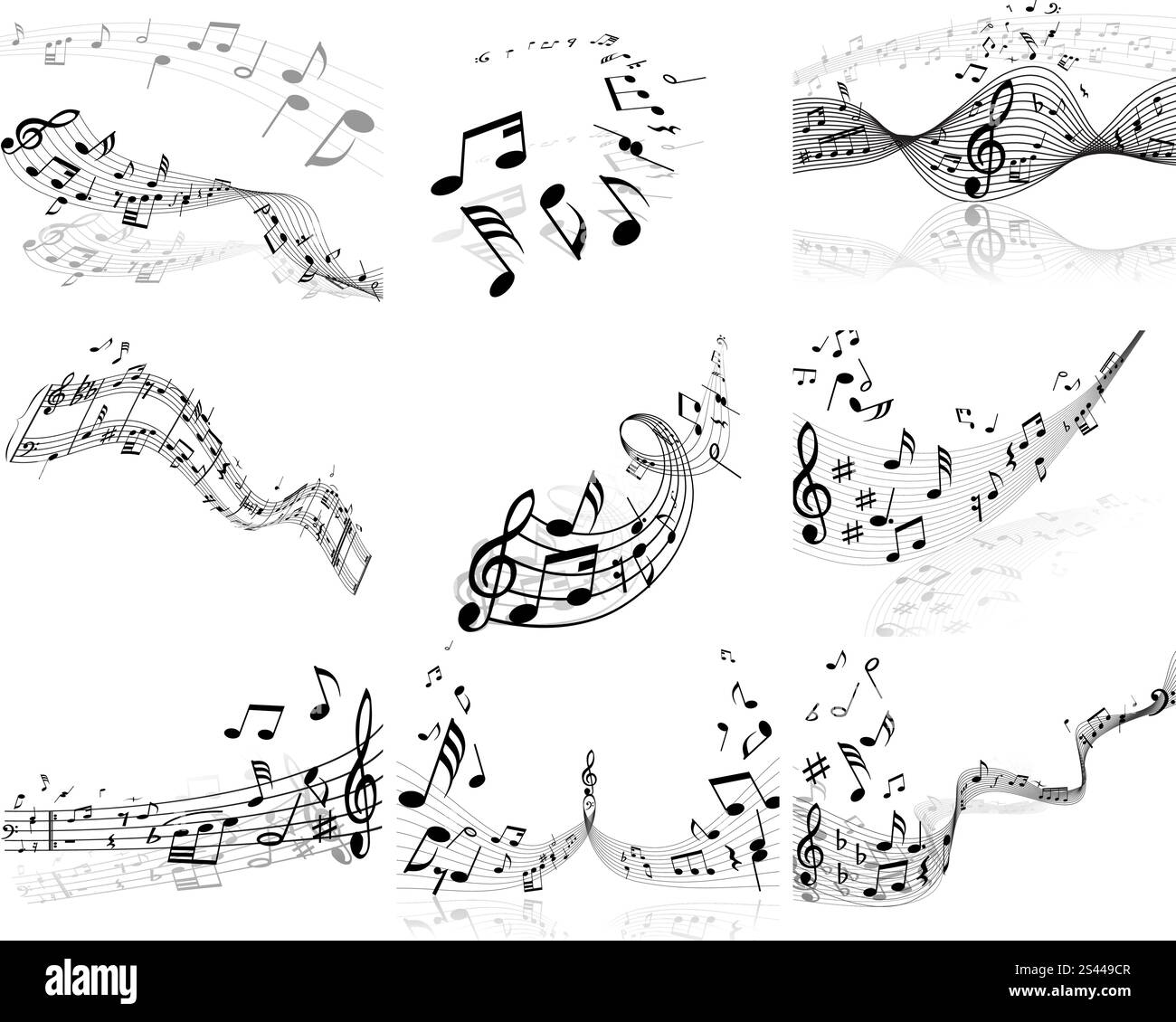 Set of  nine vector musical notes staff Stock Vector