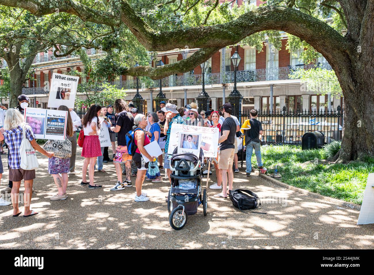 New Orleans, LA, USA - August 22, 2021: Anti mask and anti vax demonstrators gathered in Jackson Square to oppose city mandates during the covid pandemic Stock Photo