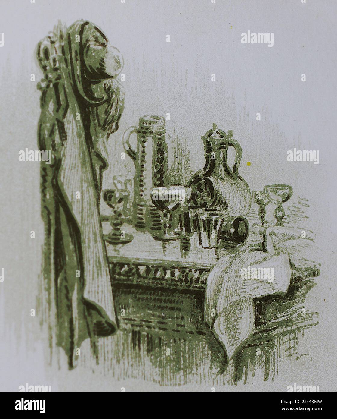 Various objects on and around a dresser. A line drawing from Othello ...