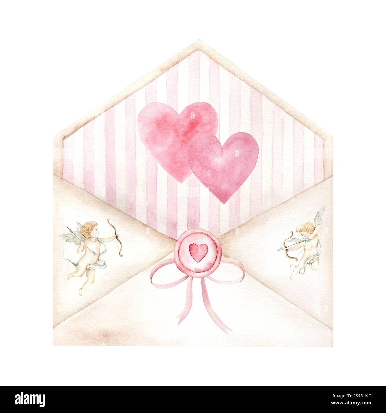 Watercolor drawing of an envelope and hearts. Illustration is drawn by ...