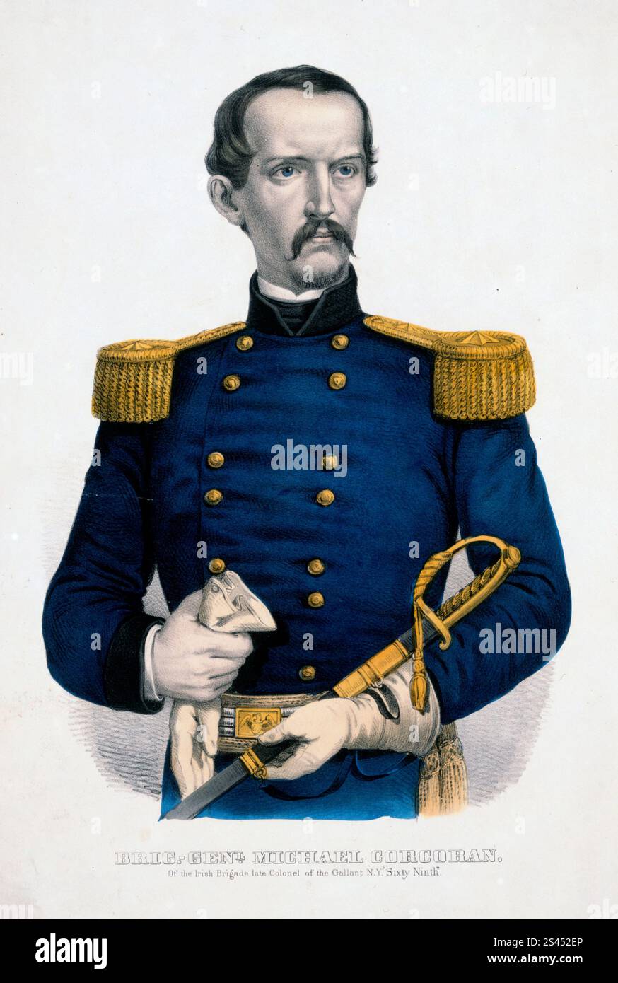 Brig.-Genl. Michael Corcoran - of the Irish Brigade late colonel of the gallant N.Y. 'Sixty Ninth'. Print shows Michael Corcoran, half-length portrait, facing slightly right, wearing military uniform and holding sword in left hand. Stock Photo