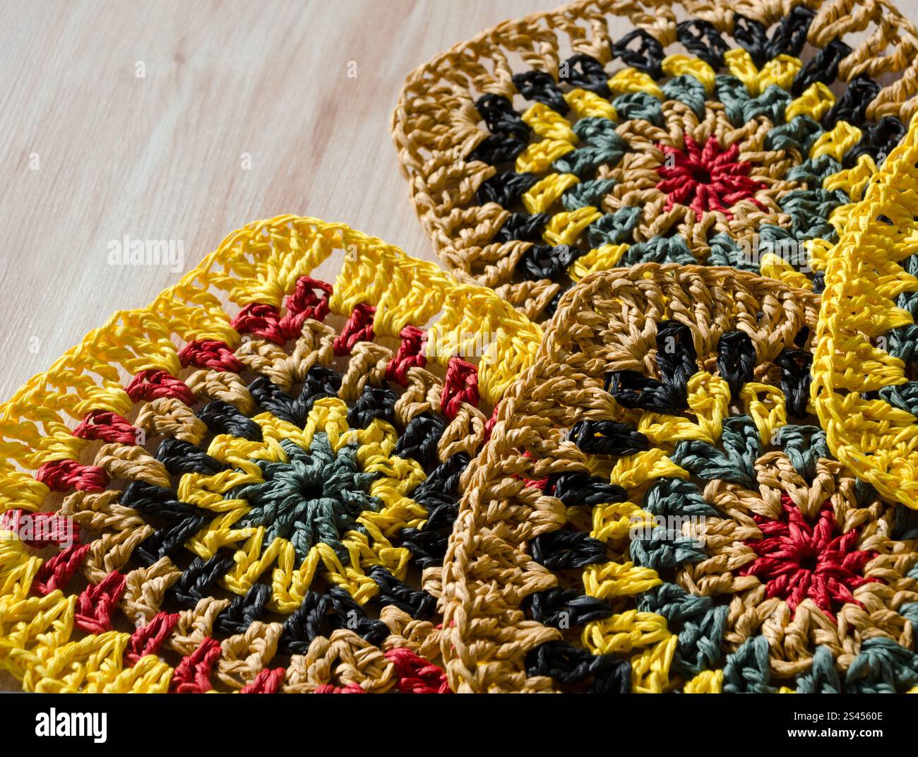 Colorful Raffia Raffia knitting texture close-up. Knitting from ECO material. Colorful ...