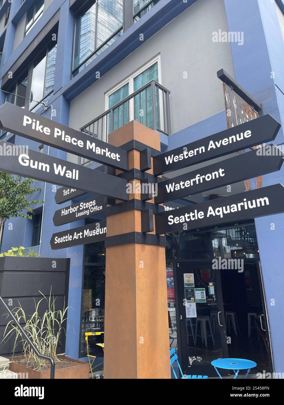 A vibrant directional signpost in Seattle, Washington, pointing to ...