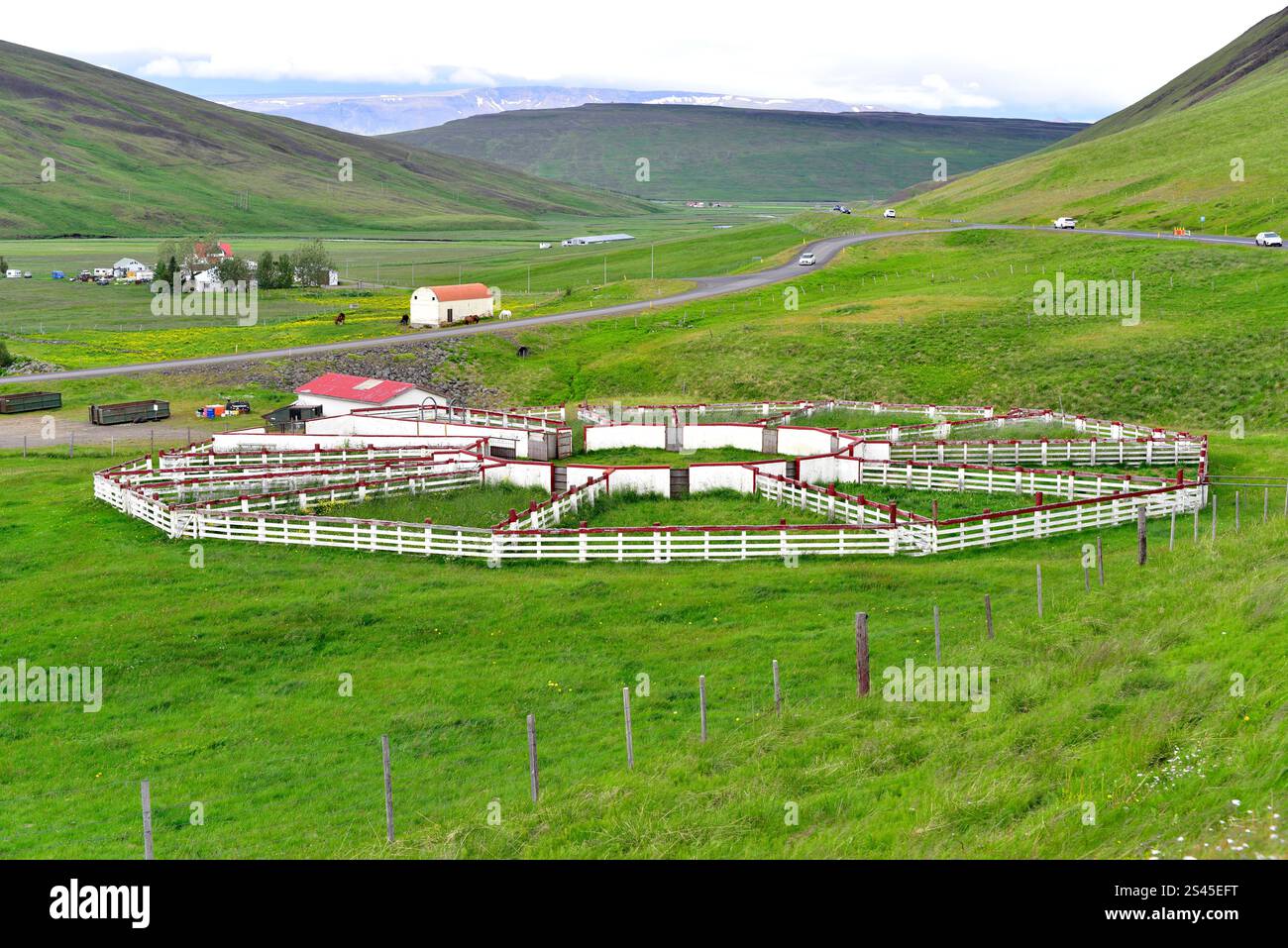 Circular pen of radiating sections to separate the sheep. Nordurland, Iceland. Stock Photo