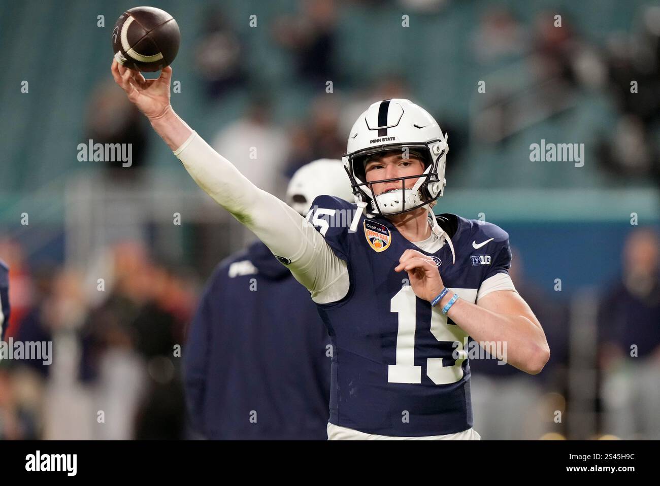 Penn State quarterback Drew Allar (15) warms up before the Orange Bowl