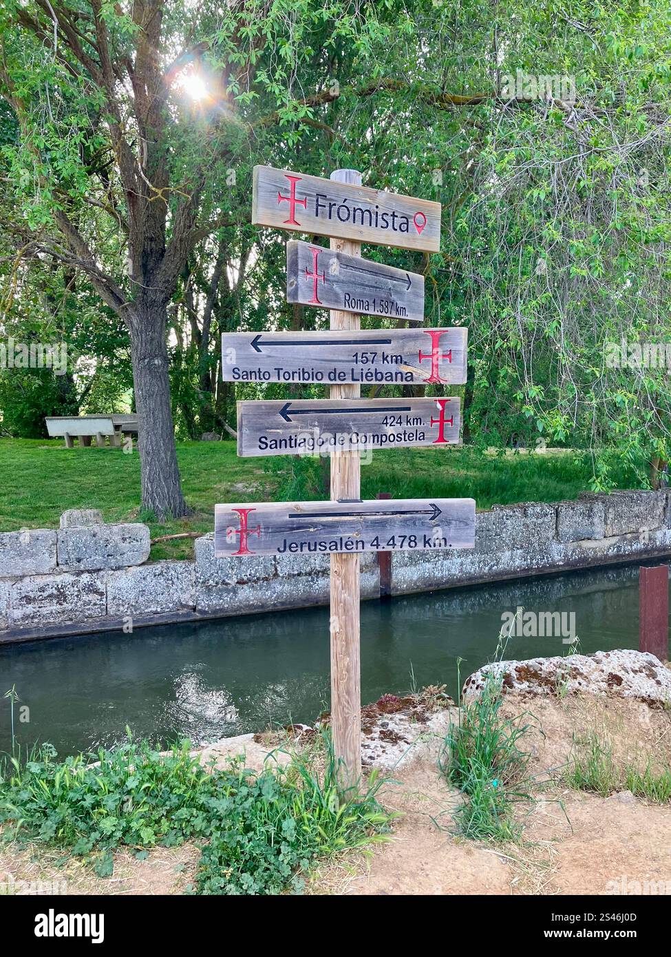Direction Sign for Pilgrims by the Canal, Fromista, Camino Francés - Smartphone Captured Stock Image
