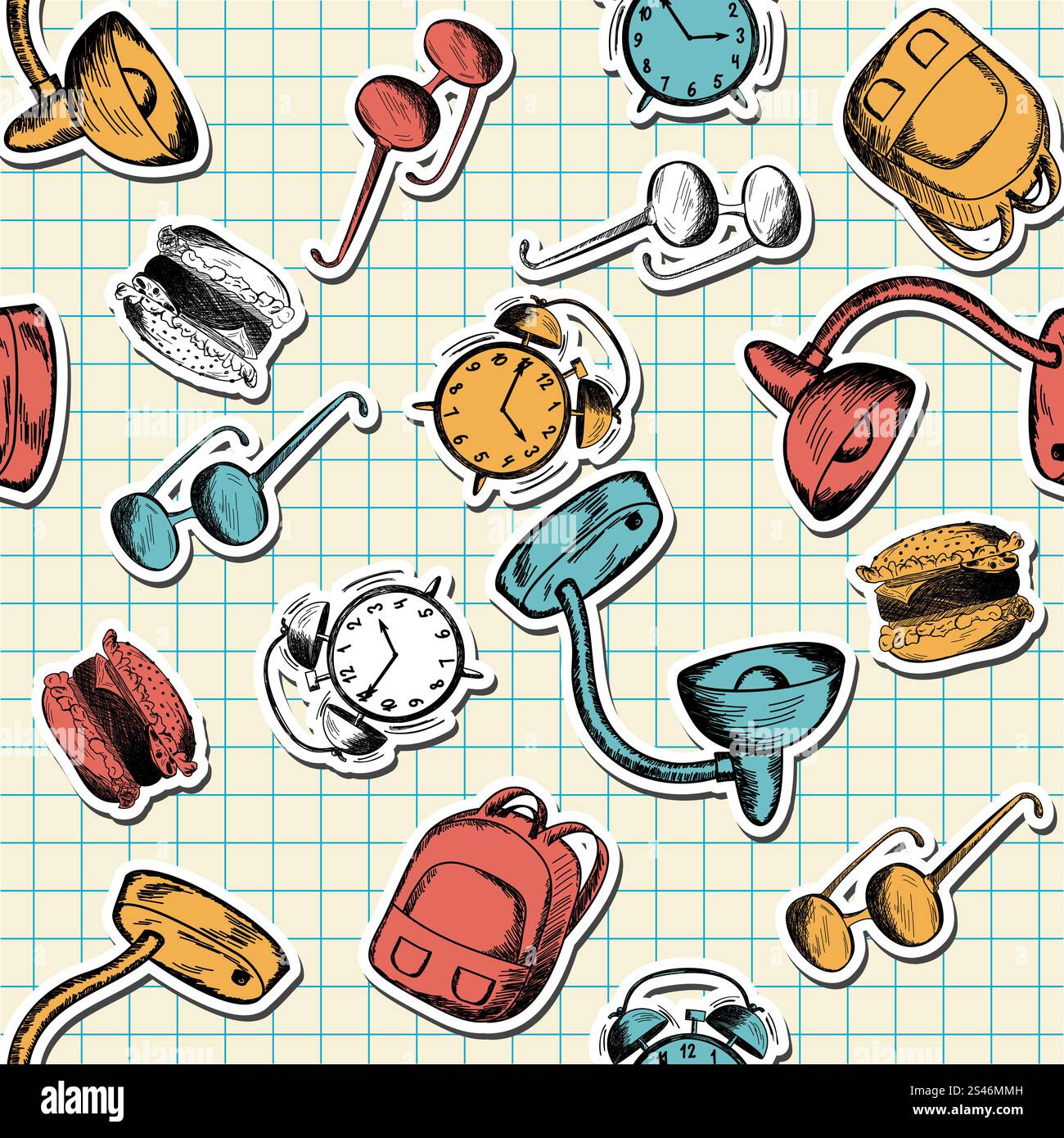 Seamless pattern with  hand drawn education theme on checkered copybook background Stock Vector