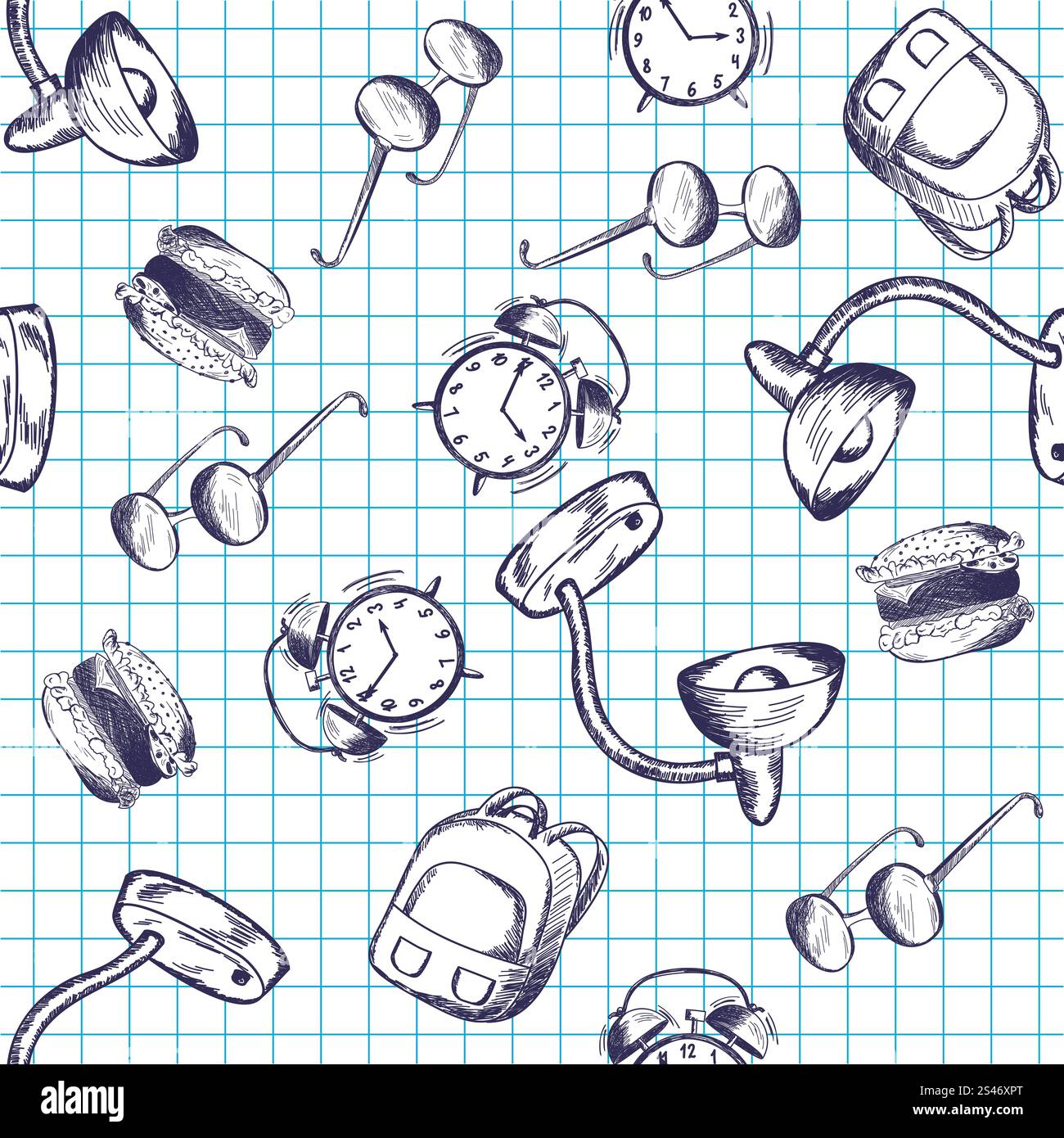 Seamless pattern with hand drawn education theme on checkered copybook background Stock Vector