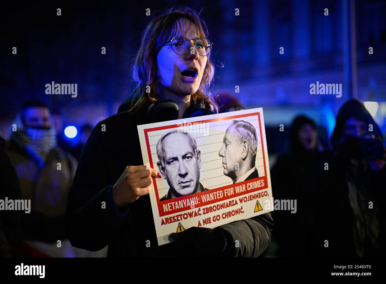 Warsaw, Poland. 10th Jan, 2025. People take part in a protest against the government's decision on allowing Prime Minister Benjamin Netanyahu to attend the 80th anniversary of the Auschwitz liberation in Warsaw, Poland on 10 January, 2025. (Photo by Jaap Arriens/Sipa USA) Credit: Sipa USA/Alamy Live News Stock Photo