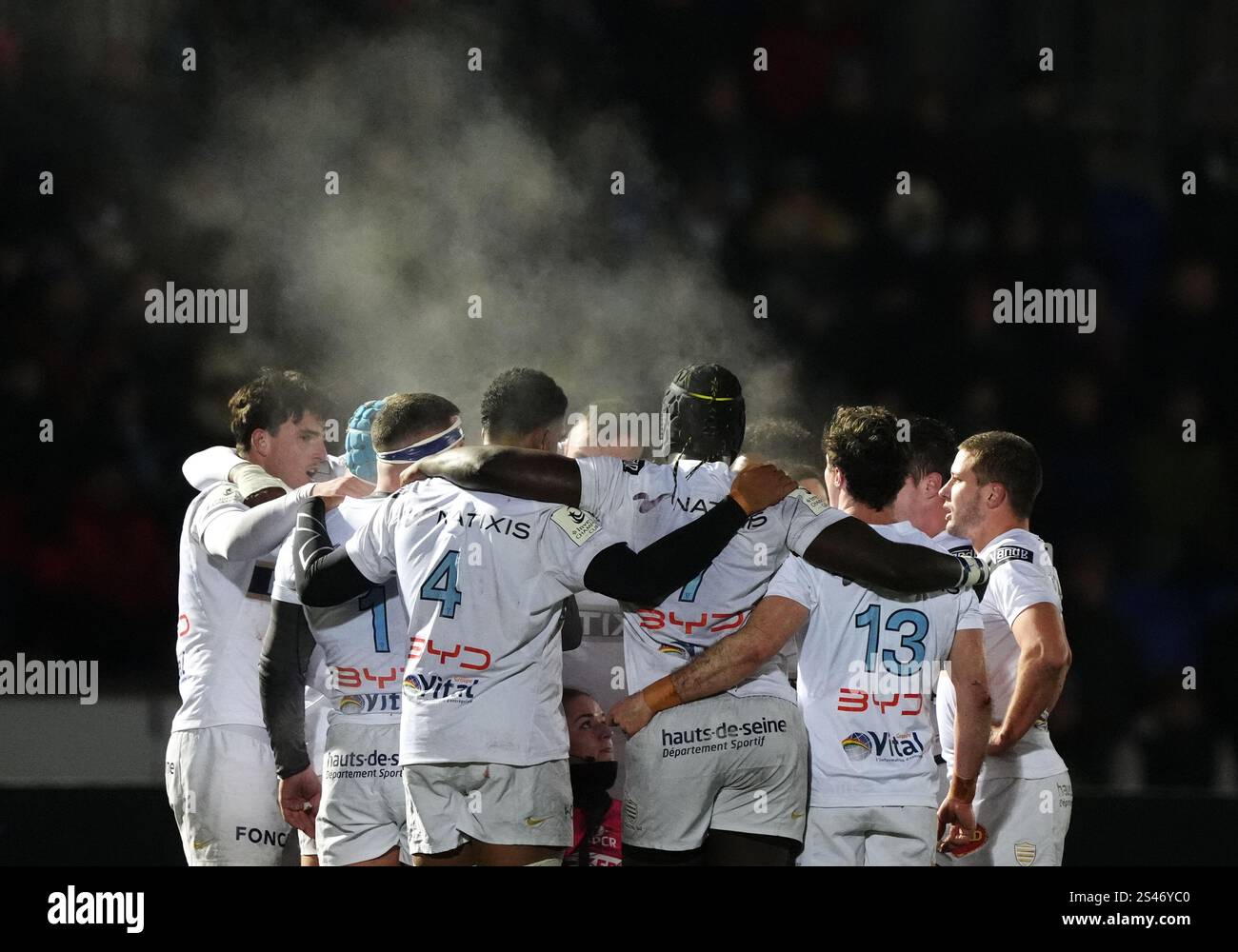 Racing 92 players huddle during the Investec Champions Cup match at the ...
