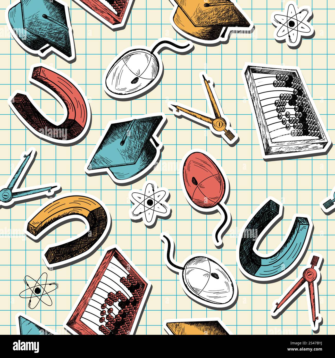 Seamless pattern with  hand drawn education theme on checkered copybook background Stock Vector