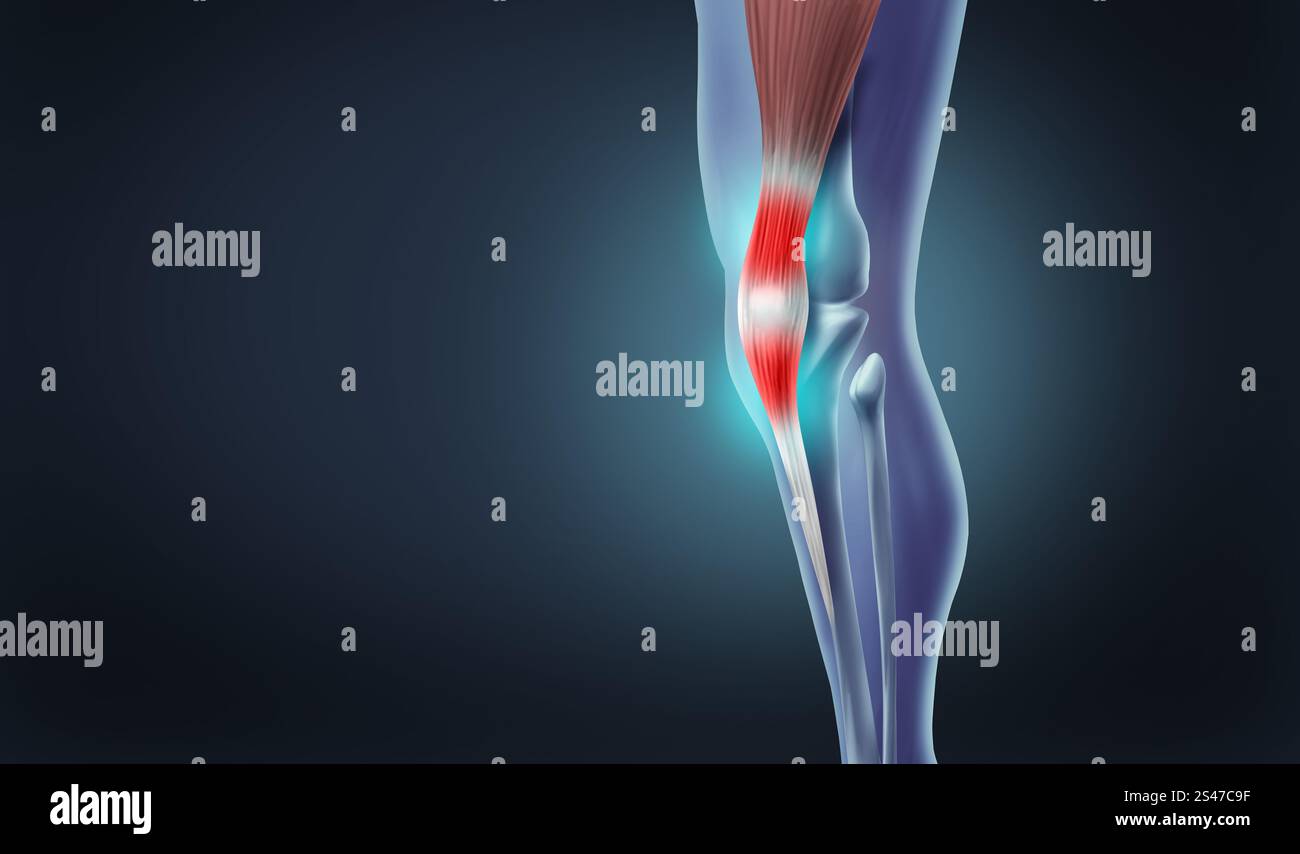 Tendonitis Knee Pain with the anatomy of a skeleton leg and showing the ...