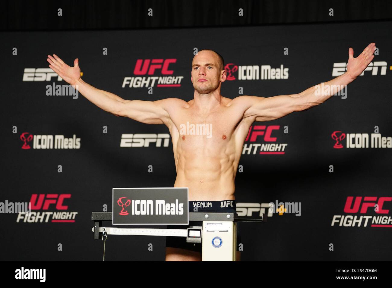 LAS VEGAS, NV JANUARY 10 Uroš Medić steps on the scale for the