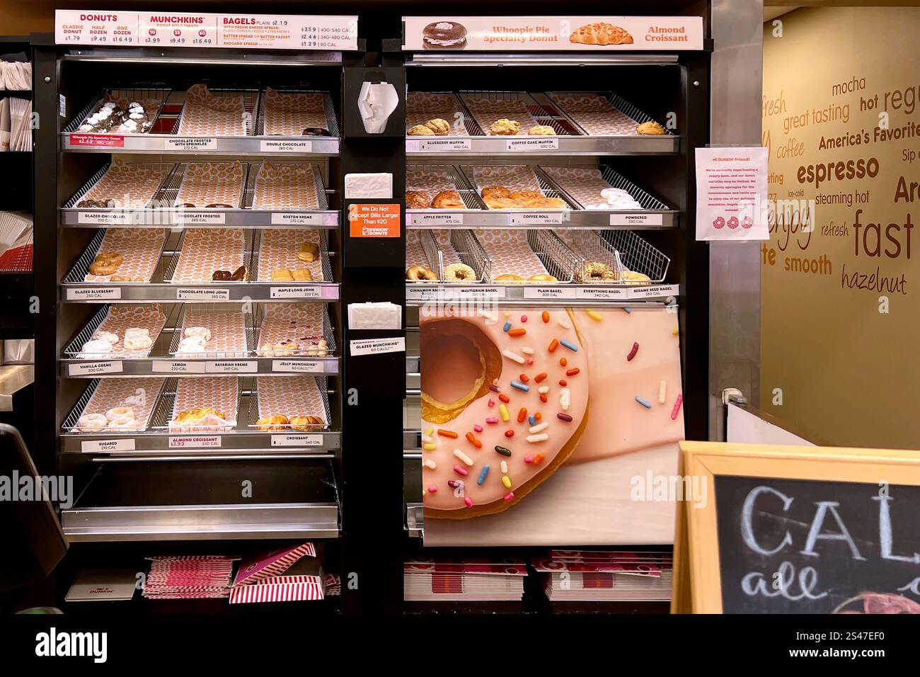 Inside a Dunkin' Donuts restaurant shows a very limited selection of