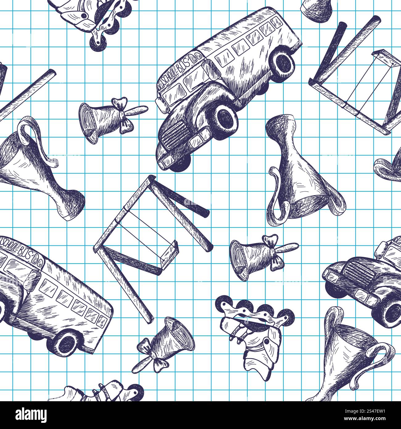 Seamless pattern with hand drawn education theme on checkered copybook background Stock Vector