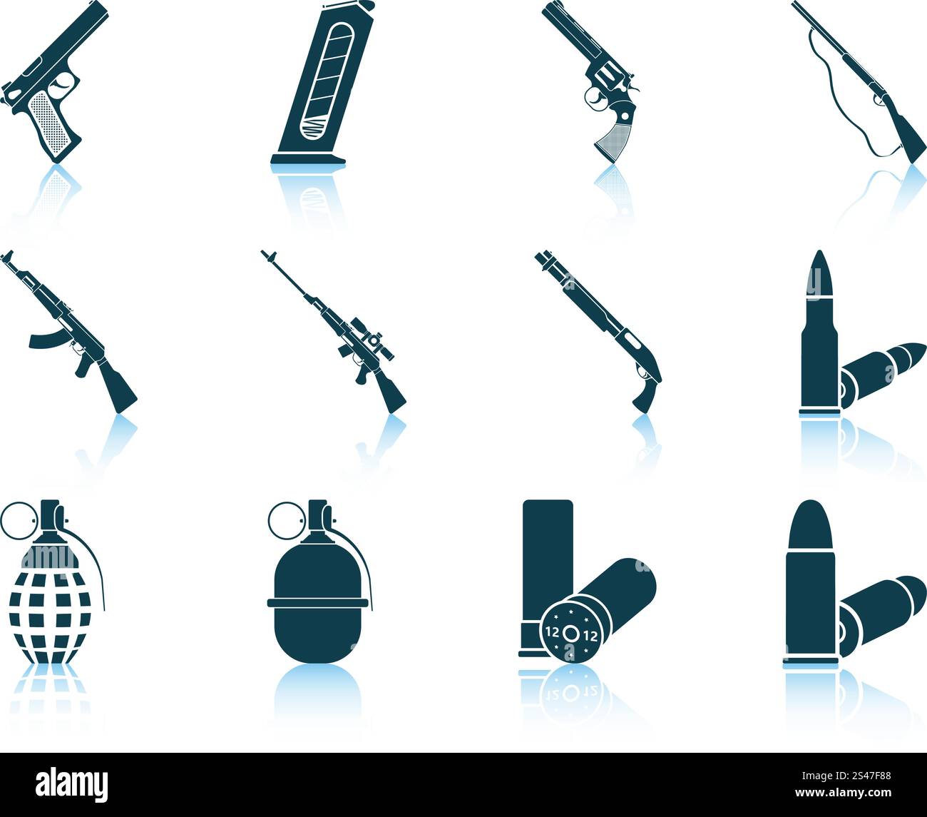 Set of twelve weapon icons with reflections. Vector illustration Stock ...