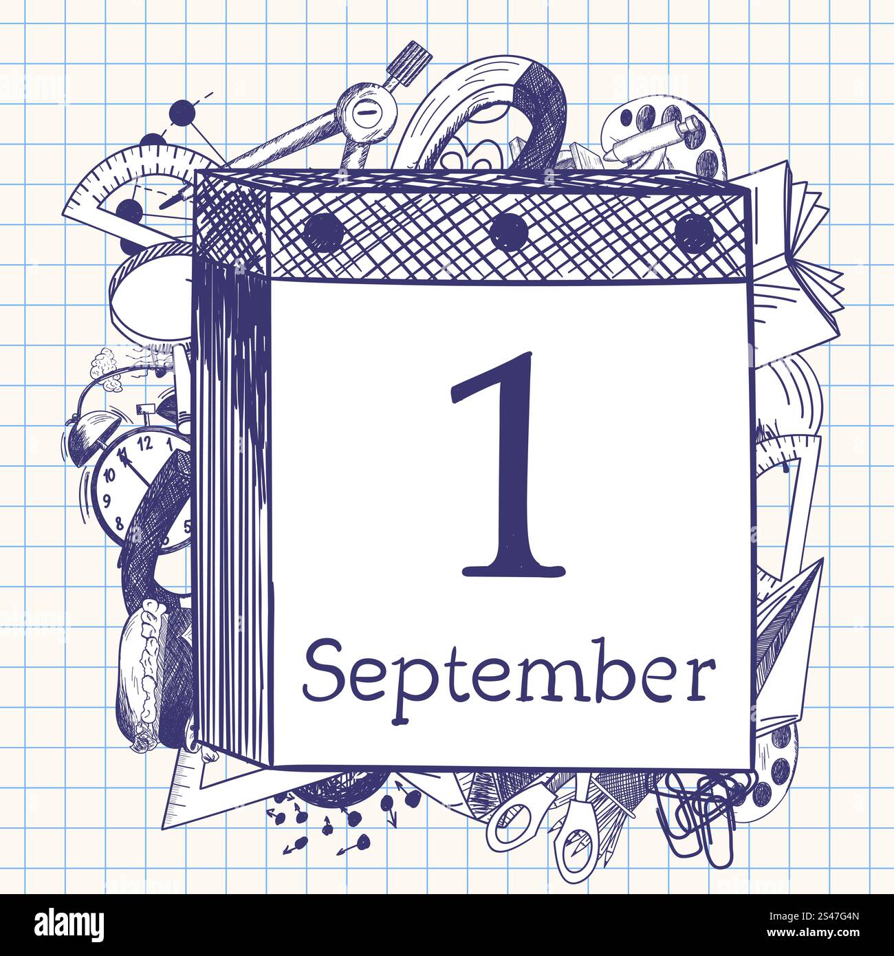 Doodle education symbols behind tear-off calendar with first September ...