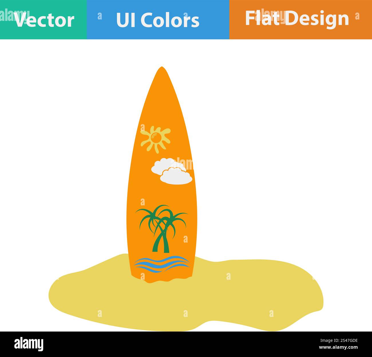 Flat design icon of surfboard sticking into sand beach ui colors ...