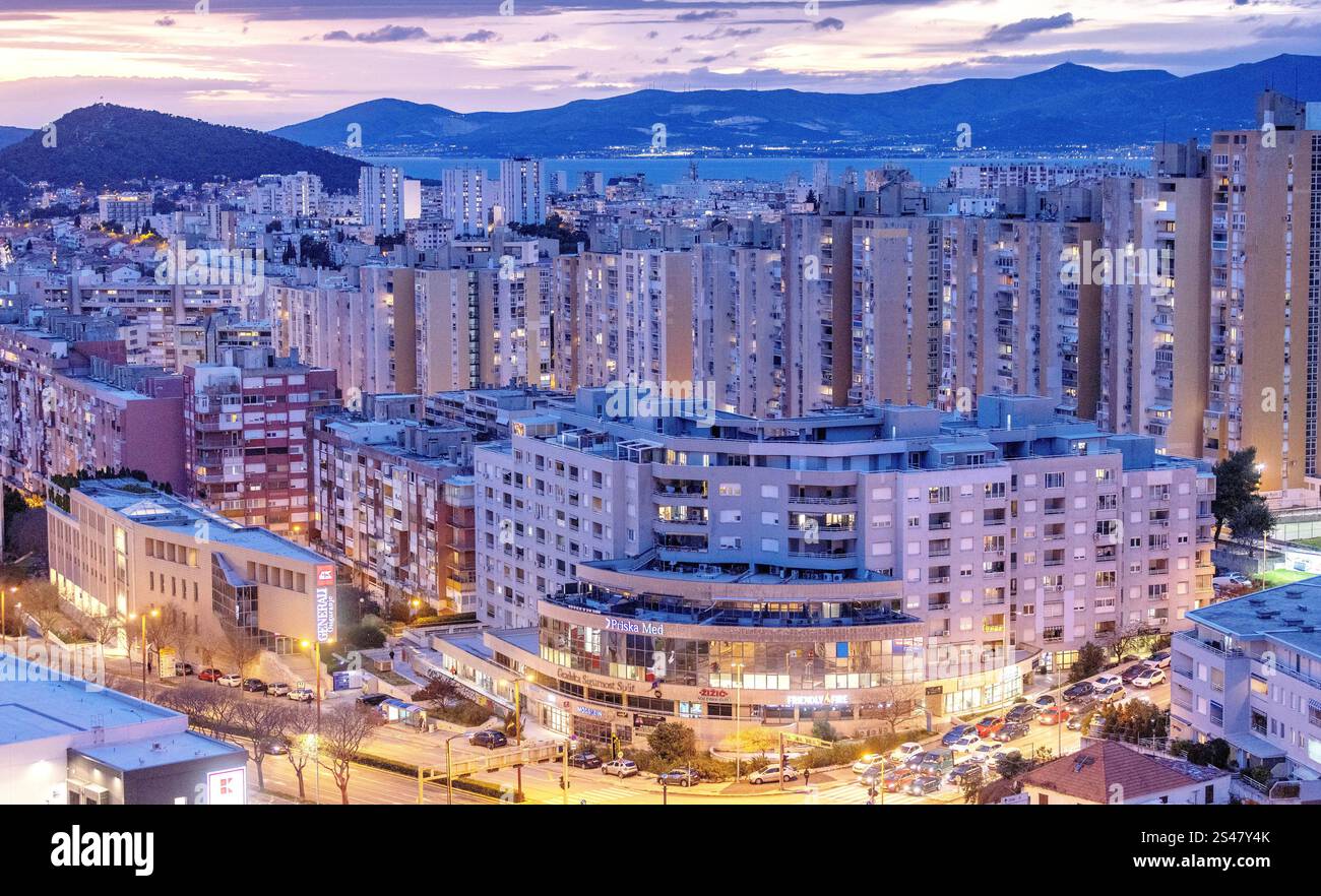 Croatia, Split, 100125. Panorama of the city in the evening. In the ...