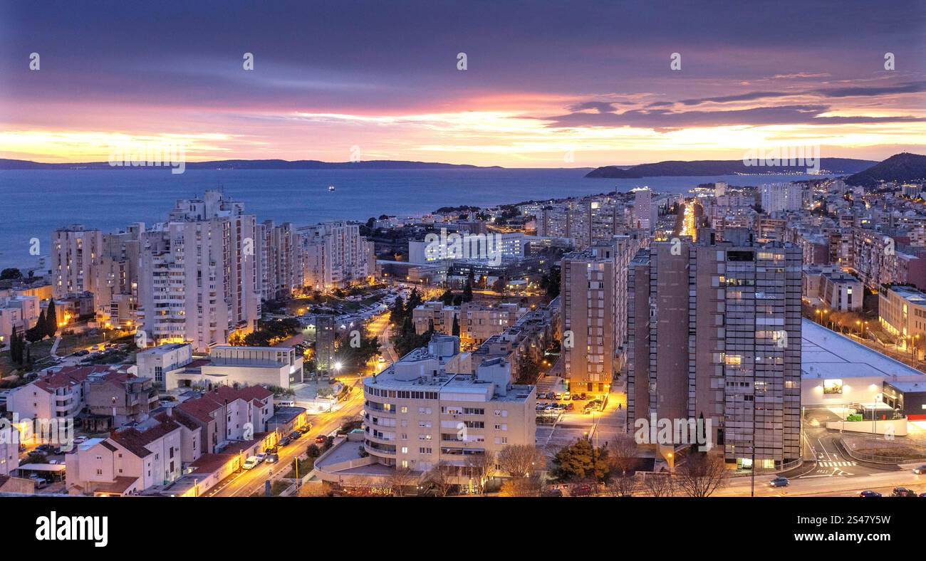 Croatia, Split, 100125. Panorama of the city in the evening. In the ...