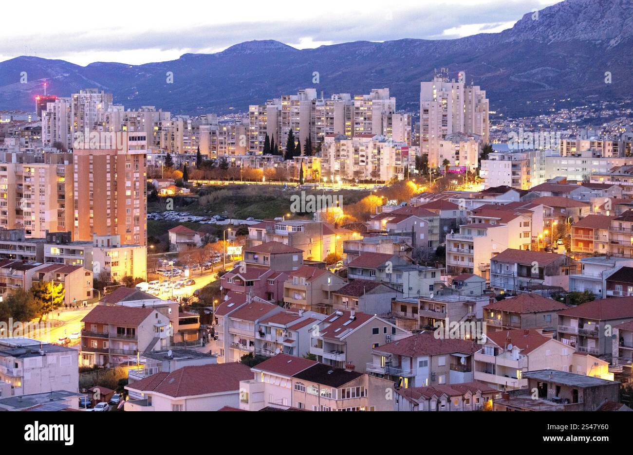 Croatia, Split, 100125. Panorama of the city in the evening. In the ...