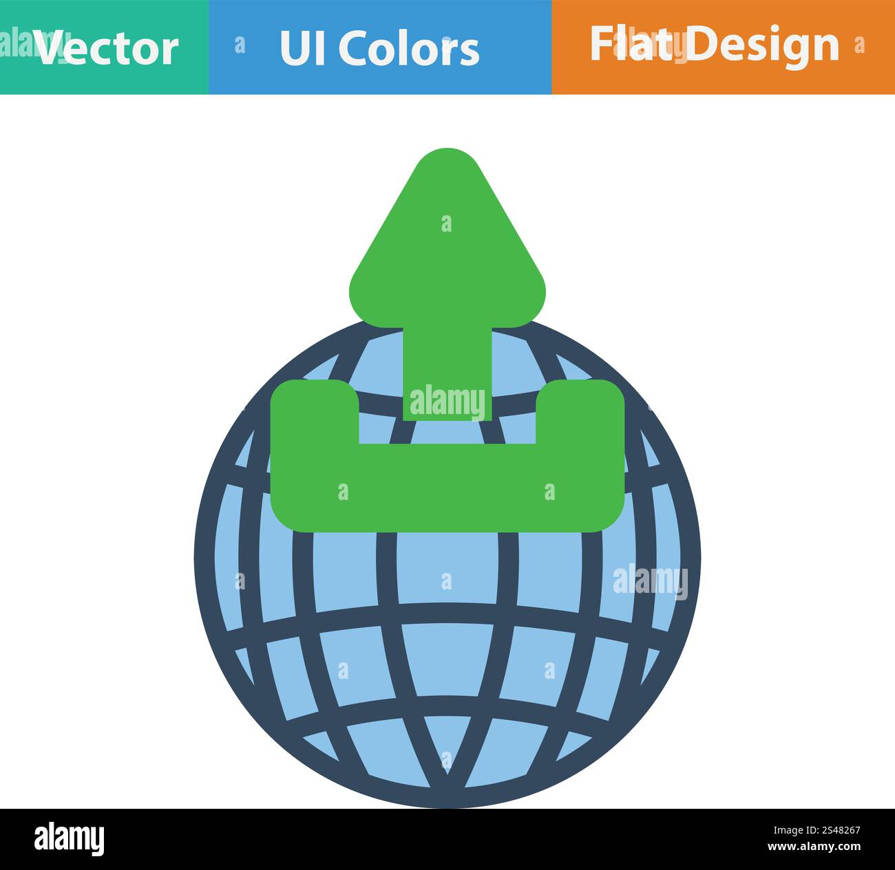 Globe with upload symbol icon. Flat design. Vector illustration Stock ...