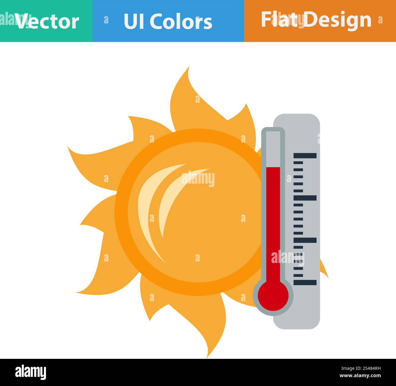 Flat design icon of sun and thermometer with high temperature in ui ...