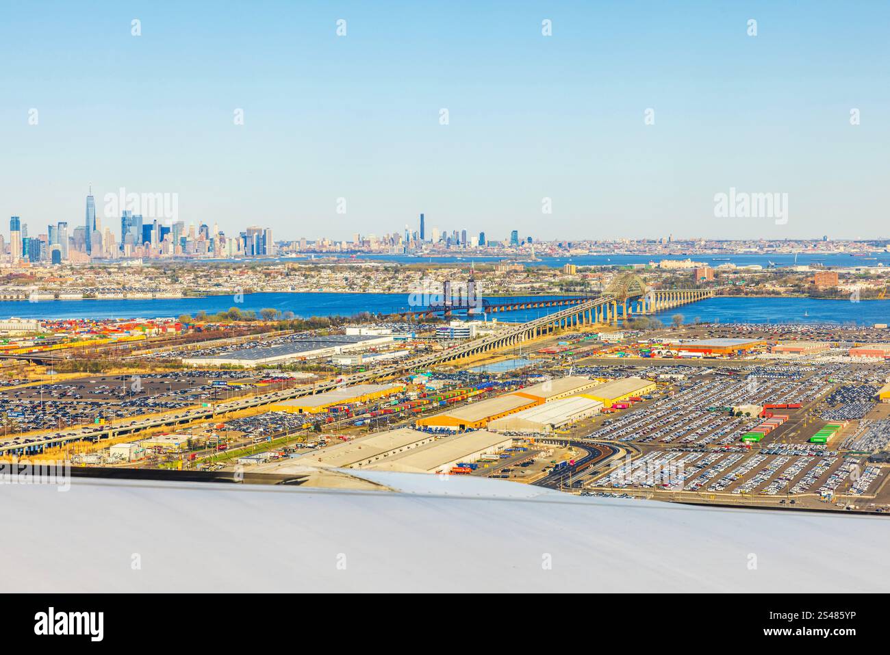 Aerial view of New York City skyline with Hudson River, industrial area ...
