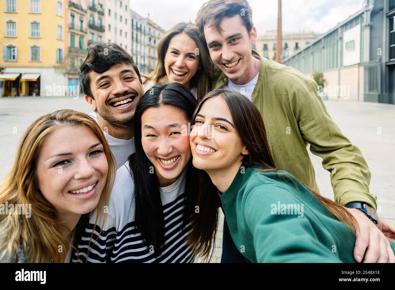 Young group of happy people taking selfie portrait outdoors Stock Photo ...