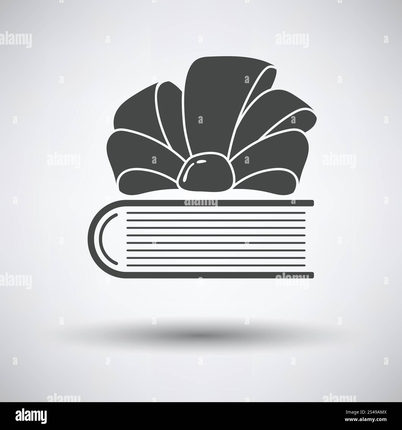 Book with ribbon bow icon on gray background, round shadow. Vector ...