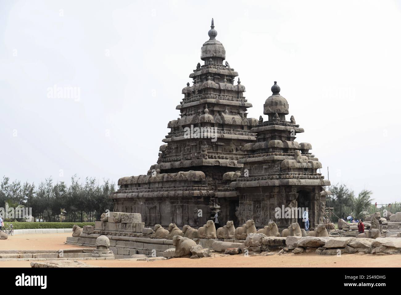 Coastal temple of Mahabalipuram, Mamallapuram, Large ancient temple with detailed stone sculptures in a historical site, Mahabalipuram, Tamil Nadu, So Stock Photo