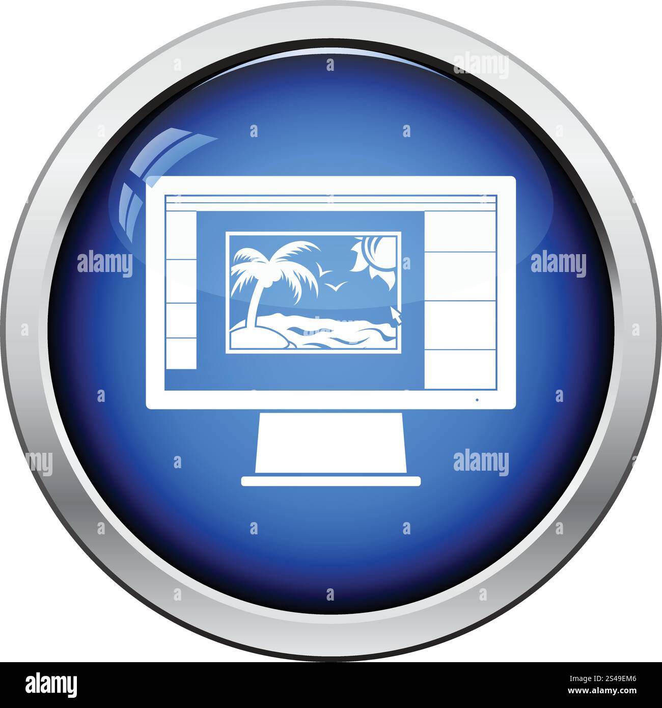 Icon of photo editor on monitor screen. Glossy button design. Vector ...