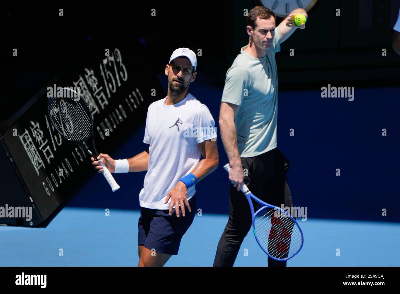 Serbia's Novak Djokovic, left, with his coach Andy Murray during a