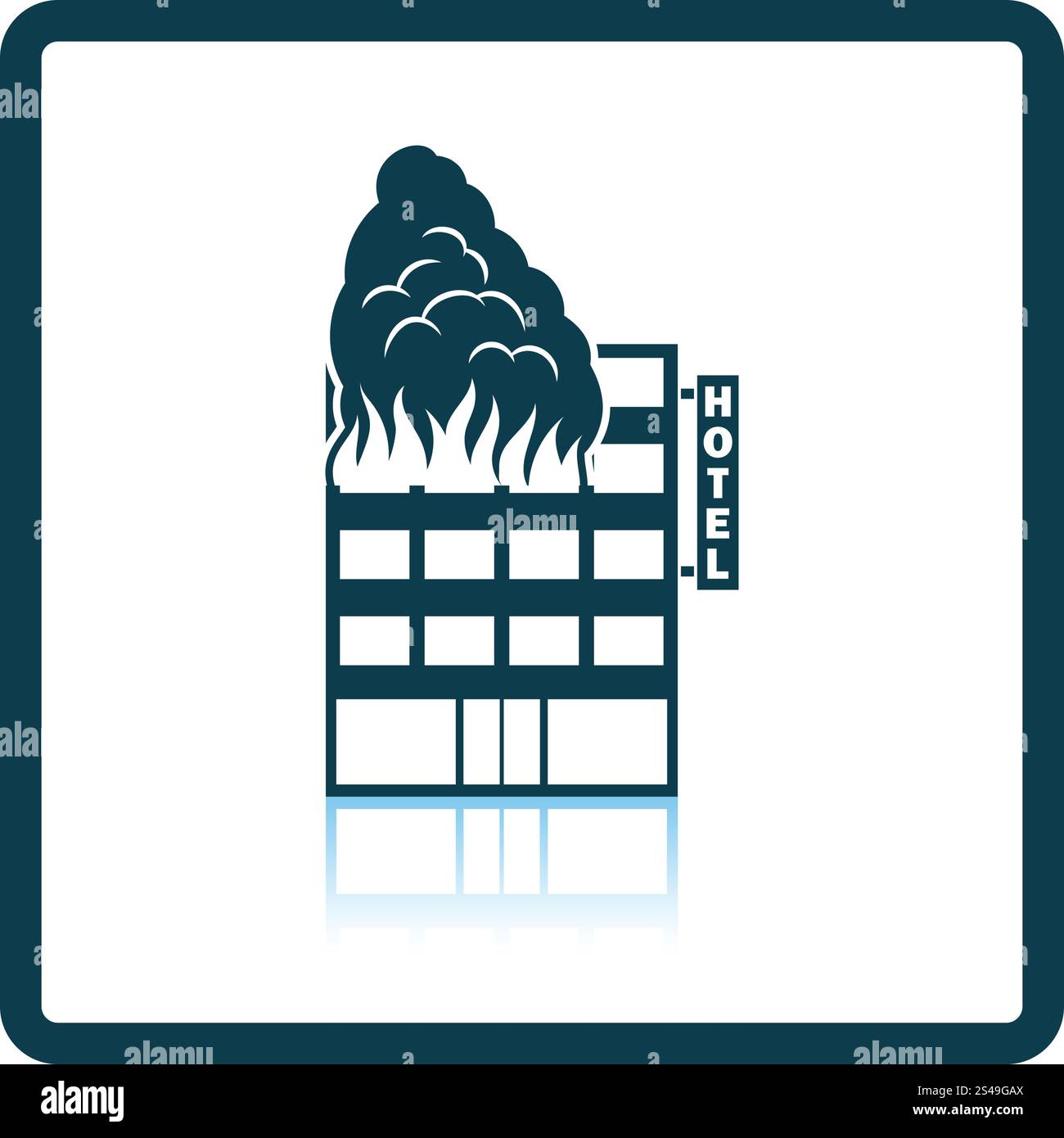 Hotel building in fire icon. Shadow reflection design. Vector illustration. Stock Vector