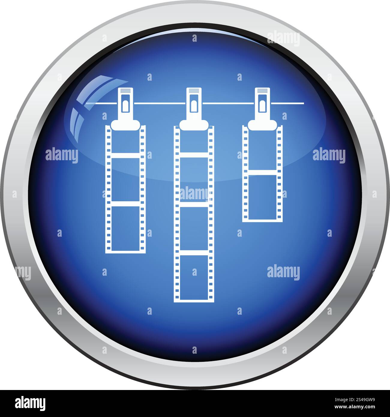 Icon of photo film drying on rope with clothespin. Glossy button design ...