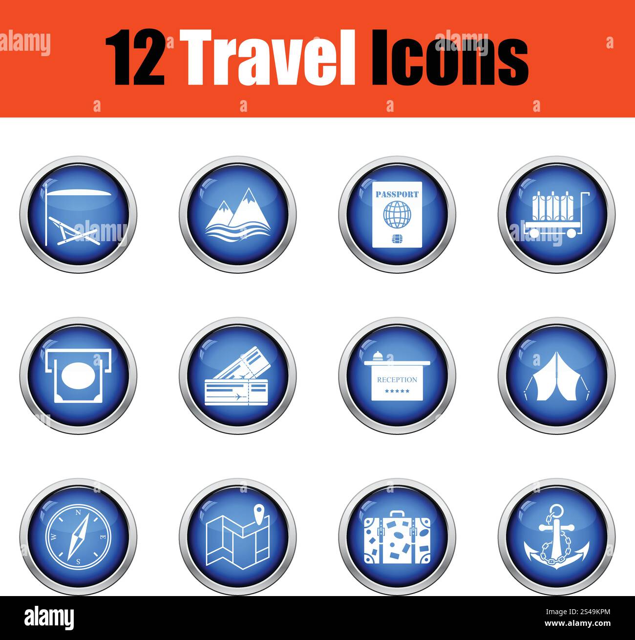Travel icon set. Glossy button design. Vector illustration Stock Vector ...