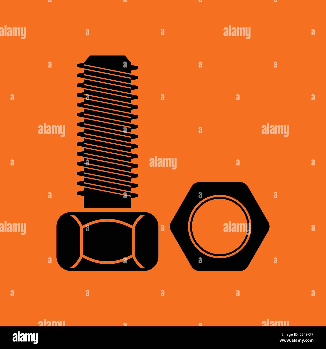 Icon of bolt and nut. Orange background with black. Vector illustration ...