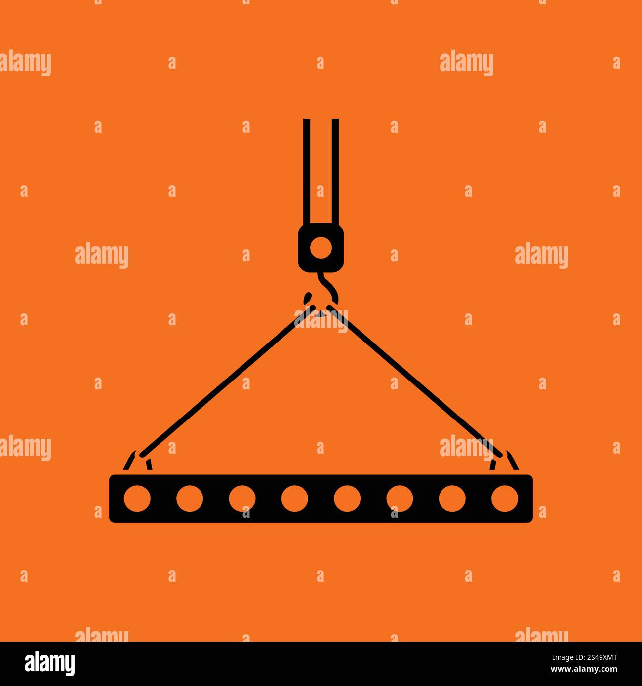 Icon of slab hanged on crane hook by rope slings . Orange background ...