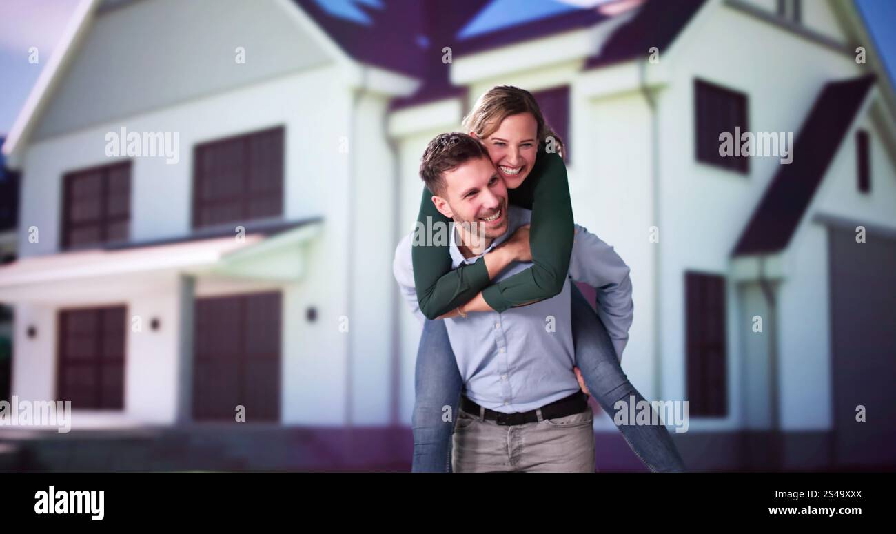 Portrait Of A Happy Family Standing Outside Their House With Solar ...