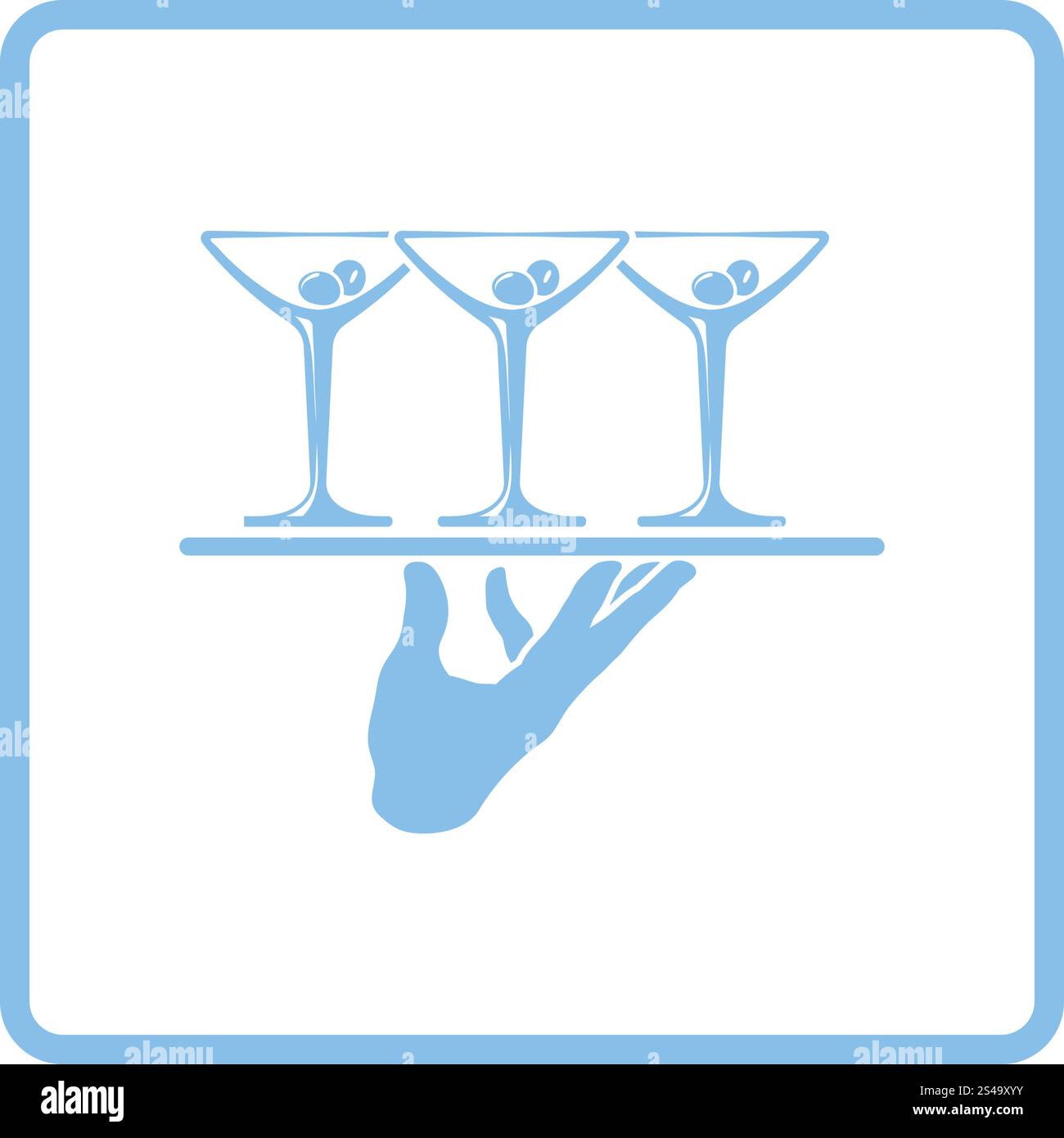 Waiter hand holding tray with martini glasses icon. Blue frame design ...