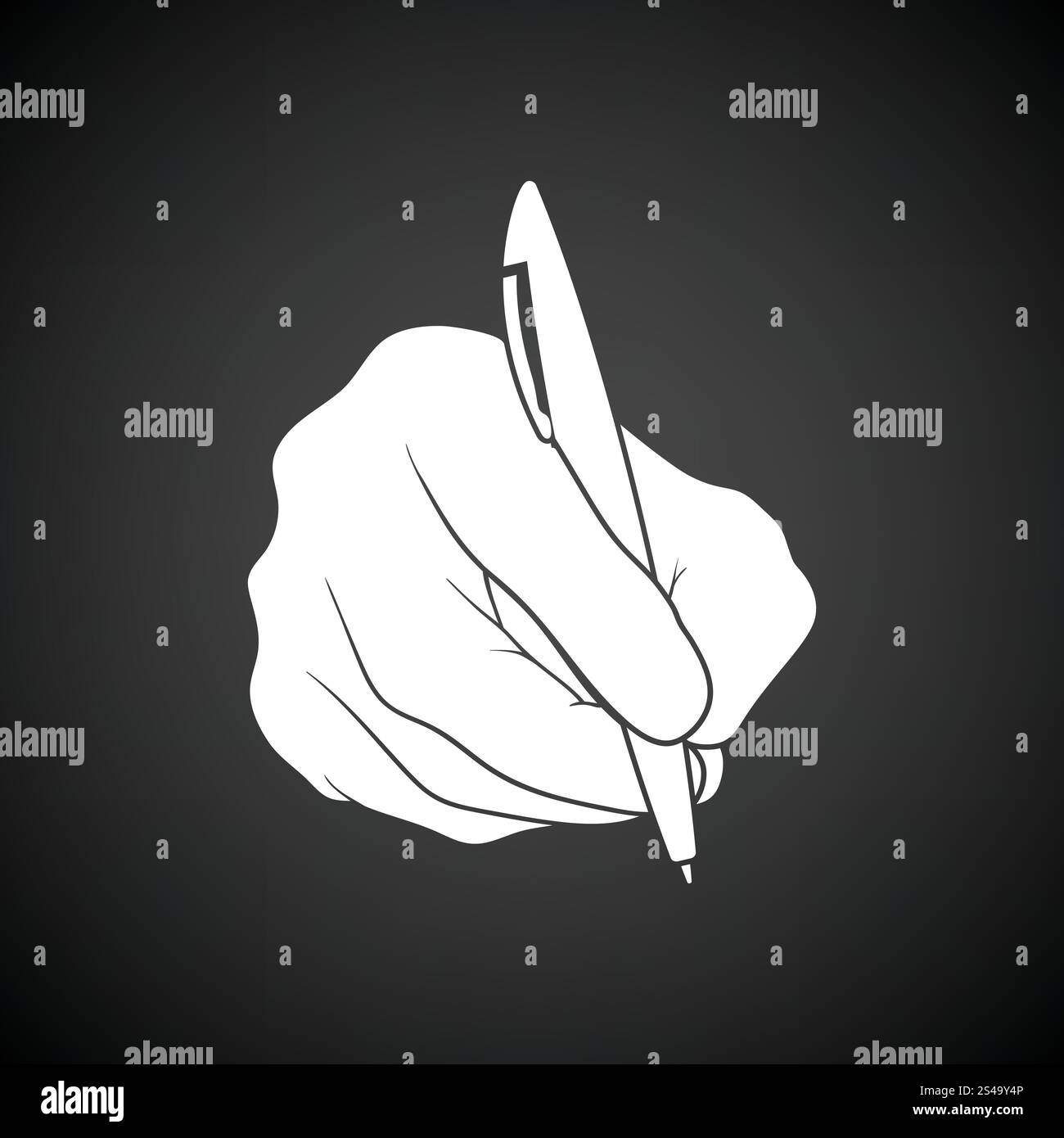 Hand with pen icon. Black background with white. Vector illustration ...